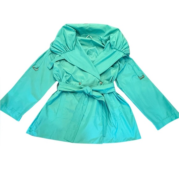 MaxMara Blue/Green Hood/Shawl Collar Trench Coat w/ Belted Waist Size 14/XL $ - Picture 1 of 16